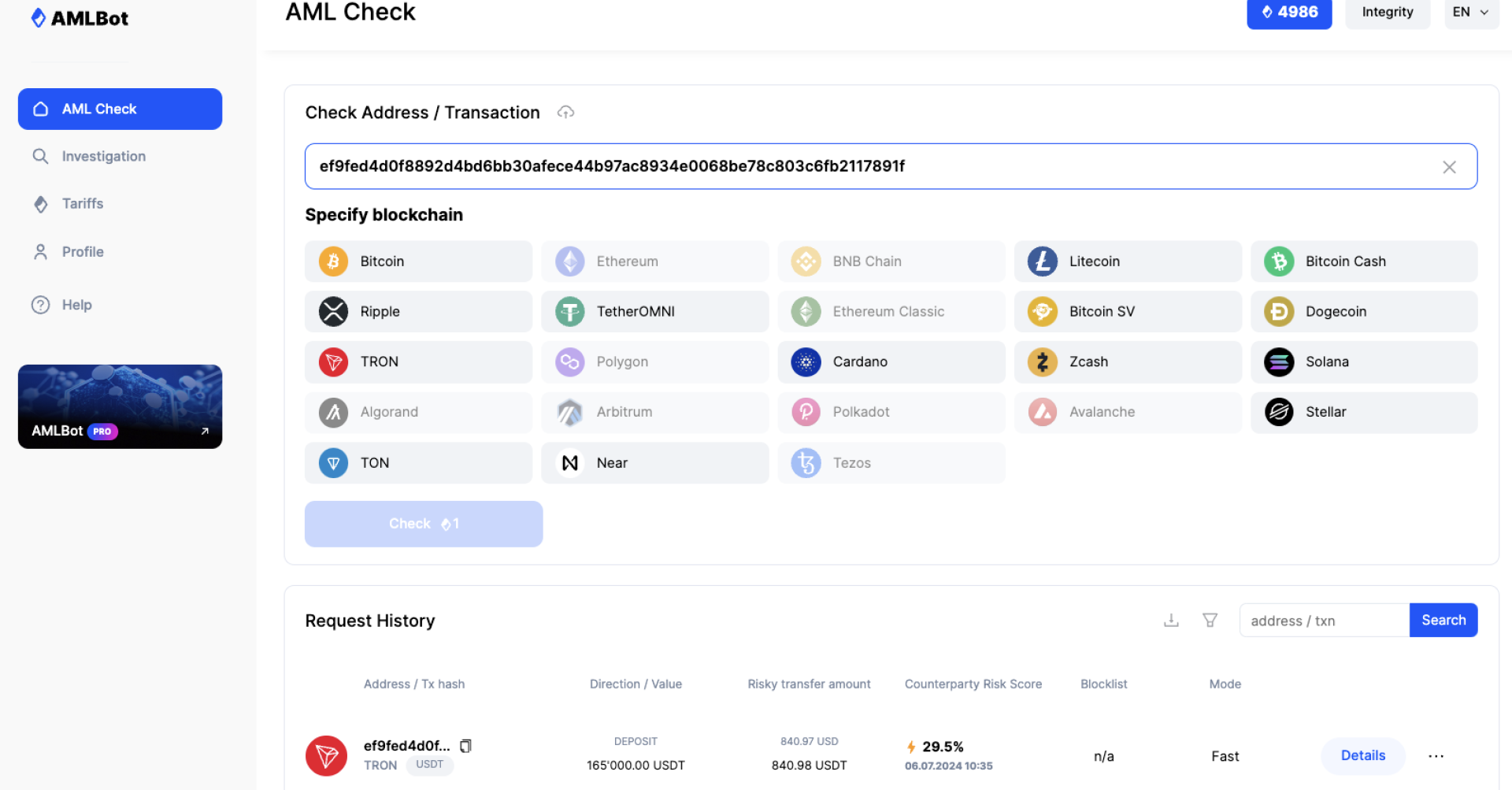 AMLBot implementation – KYT/Wallet screening service