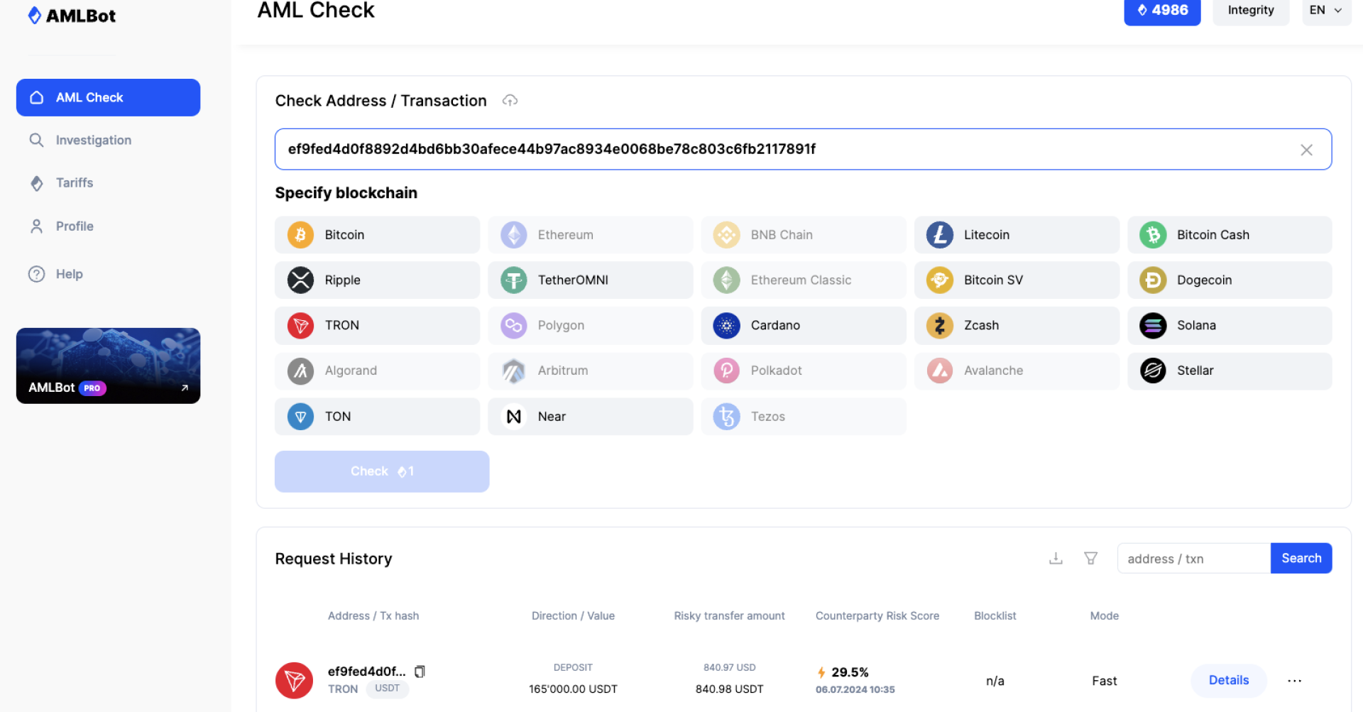 AMLBot implementation – KYT/Wallet screening service